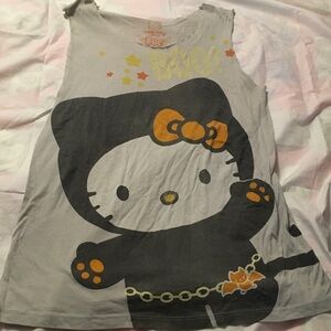 GOTH Hello Kitty Light Gray Tank Top with Black and Orange Graphic
